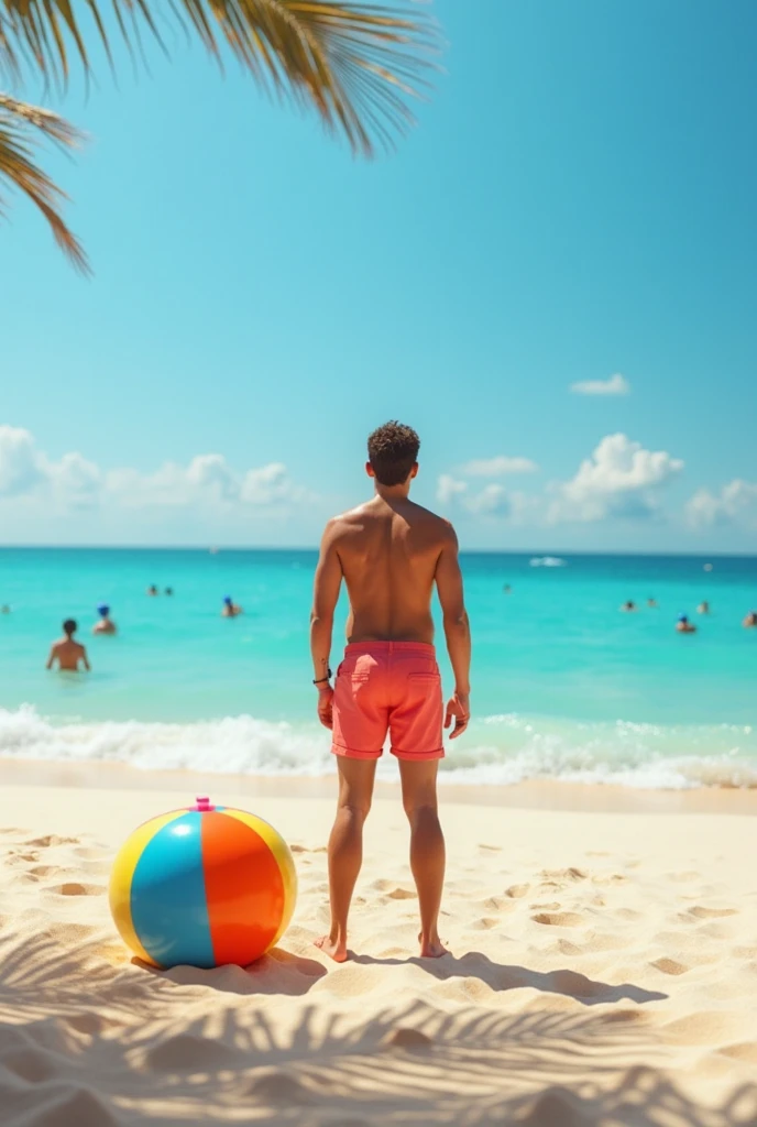 young, beautiful, elegant, white, skinny, elegant shirtless face standing, ,Naked on the beach holding a beach ball in his hand under his armpit while many people applaud and celebrate with a bubble gun around him on the men's catwalk