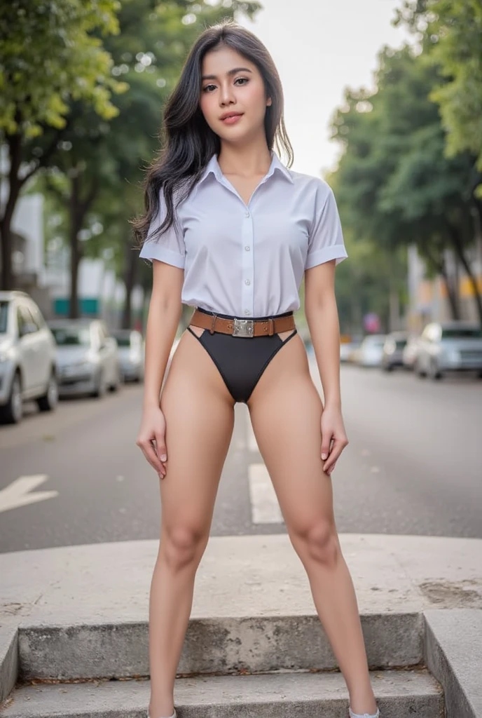 A towering Giantess in a cool and comfortable style, ((chest exposed)), ((breast exposed)), ((panties exposed)). Her toned and athletic body shows her immense strength. She appears to be casually strolling through the bustling cityscape of GTS City, as towering buildings loom overhead. Smoke and clouds swirled around her, adding to the sense of epic scale and drama. The lighting is dark, gloomy and realistic, creating a tense and ominous atmosphere. Giantess. ((Camera shot from the bottom of the feet to the groin, focus between the legs, vaginal opening)).