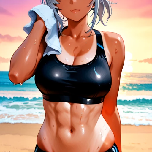 18 year old anime albino muscle mommy in a white thong bikini flexing her muscles with her hands behind her head so they are not seen to pridefully show off her abs on a white sanded beach, highly detailed