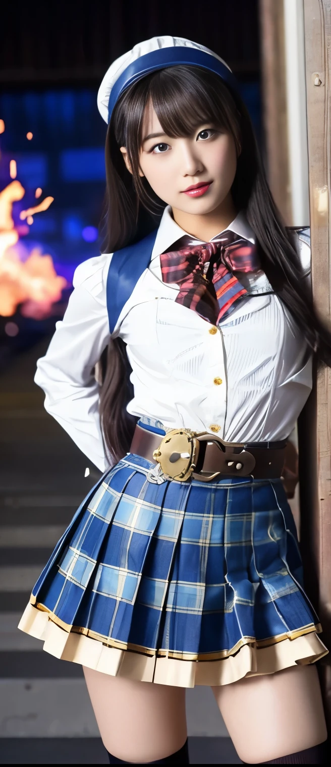 cool fantastic idol girl、A pure girl's face、 hypo、、steampunk trickster uniform（Blue Checkered Pleated Miniskirt）、、Ghost Belt 、Glowing Scythe of Fire、