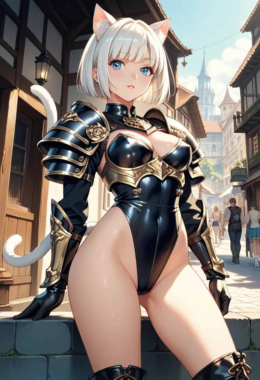 (Absurdres, best high quality, very detailed pixels and textures, carefully detailed quality, solo character alone, carefuly detailef features and textures, full character view)
{1character 18 years old elf girl}, she has pale skin, blue pure-blue-color hair tied in two pigtails, heterochromatic eyes, very thin lips, slender body, medium big breasts, slender arms, beautiful legs, (wearing a pale grey one-piece unitard, red red cloak, pale grey arm-sleeves, grey gloves, pale grey very long boots, pink and yellow hair pin, yellow ribbons that tied her hair pigtails), (holding a giant large golden green sword), beautiful girl, beauty face, naughty open smile, noisy and savage, cheerful and feminine.
Standing in dannish castle yard.