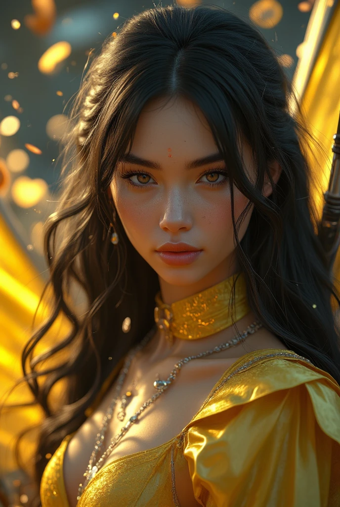 portrait Jenna Ortega, wearing sexy bee outfit, against the background of a beehive, 9 9 9 9 s, wavy hair, intricate, elegant, highly detailed, digital painting, artstation, concept art, smooth, sharp focus, illustration, art by thomas kindkade, charlie bowater, artgerm, greg rutkowski, alphonse mucha and alexandra fomina, 36k, glittering, shining