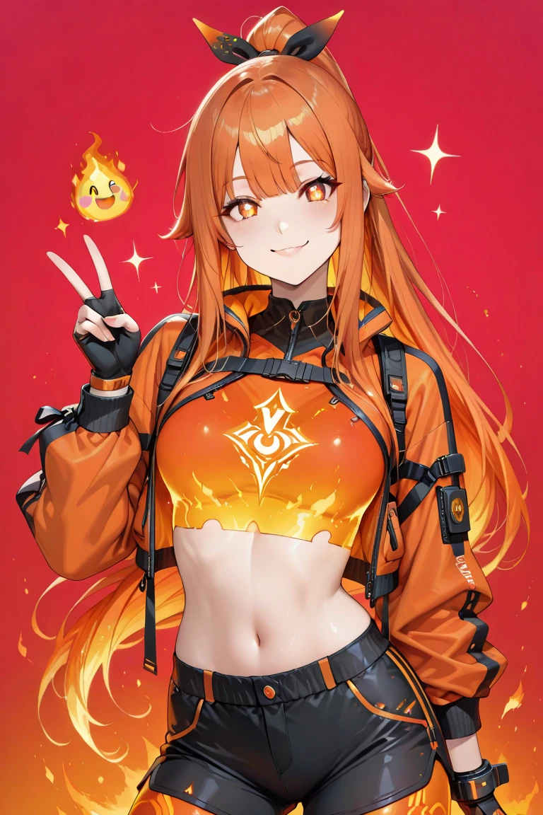 sexy, white skin, anime woman, happy, glowing green eyes, extremely short glowing orange hair, wearing a up skirt, full body