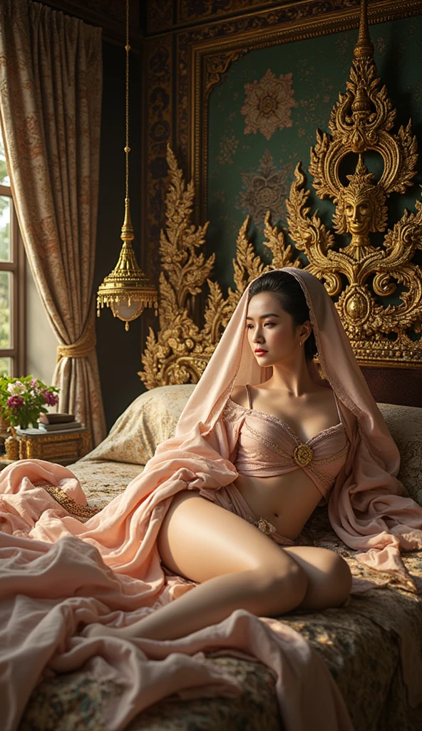 Create a realistic portrait of a Buddhist naked queen, kneeling and looking into the camera from below. She has beautiful BREASTS. Her face is full of lust.She wears a simple, but elegant crown or headgear, which is decorated with lotus flowers or other Buddhist symbols. Her face radiates gentleness, Compassion and spiritual depth from, similar to the depictions of important Buddhist figures such as Tara or Avalokiteshvara. Her expression is calm and meditative, With a smile, that reflects inner peace and wisdom. Her dress is simple and elegant, often in traditional Buddhist colors such as orange, Yellow or burgundy. It may be embroidered with religious symbols or patterns, symbolize enlightenment and spiritual development. She wears modest jewelry, which shows subtle Buddhist elements such as Dharma wheels or mantra characters. She kneels upright and dignified, hands folded in a gesture of prayer or meditation. The surroundings show a quiet and spiritual place, such as a temple courtyard or a garden with Buddhist statues and symbols. A soft light surrounds them, that enhances their spiritual radiance. The image should look like a realistic photo, that reflects the inner qualities and spiritual depth of Buddhist teachings.