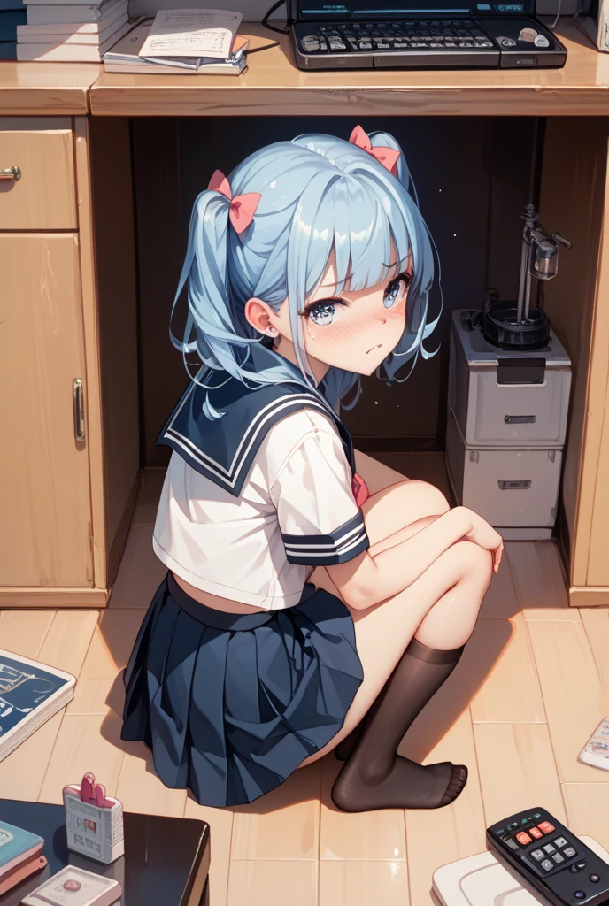 (8k, 最High quality)、超High resolution、adorable、最High quality, beautiful, Absurd beauty、Bright blue hair、Blue eyes、 girl、Small breasts、Braided half bob hair、uniform、Me in a knitted cardigan、 girl、Looks about 、Petan Musume、(missionary, 1boy, penis, lying, vaginal, ass pov, sex, nsfw)、In the classroom、quality, High resolution, Very detailed, Detailed Background, Perfect lighting、masterpiece、Best image quality、最High quality、、 (cryin) ,Cute Characters, Most detailed, High quality、nose blush、steam、be scared、Very detailed, clear and beautiful face、Slender body、Awards, Anatomically correct、((Scared))