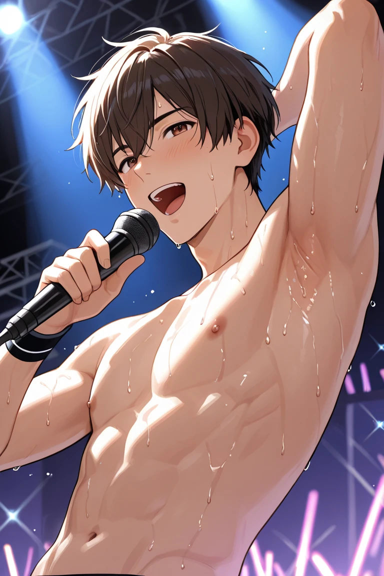 best quality, masterpiece, male DJ, medium length middle part pink hair, muscular, exposed chest, thick dark public hair, flaccid uncut penis swinging, foreskin, dripping precum, energetically dancing behind mixer and turntable, crowd in the foreground hands up happily cheering him on, laser lights and RGB spotlights in the background, sexy, gay, homoerotic, ambient lighting, extremely dramatic shadows, best view, perfection, no watermark, no logo, no signature