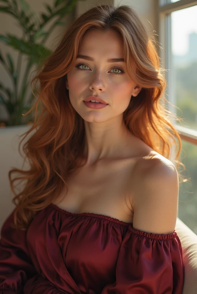 RAW uhd portrait of 24-year-old blonde, Natural red hair, castles, Wavy, (brown-eyed woman) , Prehistory, Capture the essence of a cozy Christmas photoshoot at home, highlighting a redhair girl with curly hair, and a perfect silhouette dressed in fashionable jumpsuit; employ natural light streaming through a window to create a soft, ethereal glow, Photography, Nikon Z7, 50mm f/1.8 lens(Red Summer Dress), (cutout), Detailed (textures!, Hair!, brightness, Color!, imperfections:1.1), High detail of light eyes, (looking at the camera), specular lighting, dslr, ultra quality, sharp-focus, Sharp, Depth of field, Film grain, (centered), Fujifilm XT3, Crystal clear, The center of the frame, cute face, sharp-focus, bokeh, (dimly lit), Low key, (day sky) day.