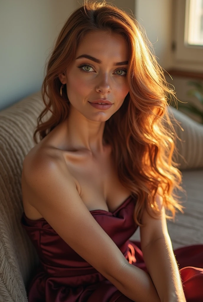 (Realistic photo of a beautiful woman, 35 years old, grey eyes, full full lips, red hair, long curly hair, curls, tanned skin, full body picture, jewellery, realistic, soft lighting, professional photography, photorealistic, detailed, RAW, sharp focus, ultra-high resolution, best quality, masterpiece, (best quality, high-resolution, ultra-detailed:1. 2), HDR, bright colours, full body, evening dress, curvy, sexy, smiling, full body pic, earrings, barcelona, rooftop bar, legs crossed