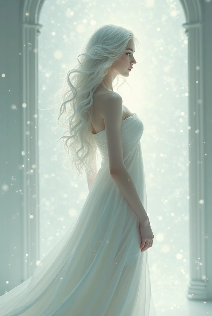 Create a white goddess with white hair, crystal eyes, wearing a white dress with fabric there , a crystal tiara, 