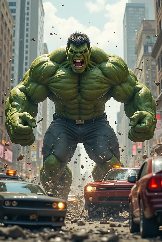 Marwel hulk with huge body and punch on the road and road is cracking and lighting season