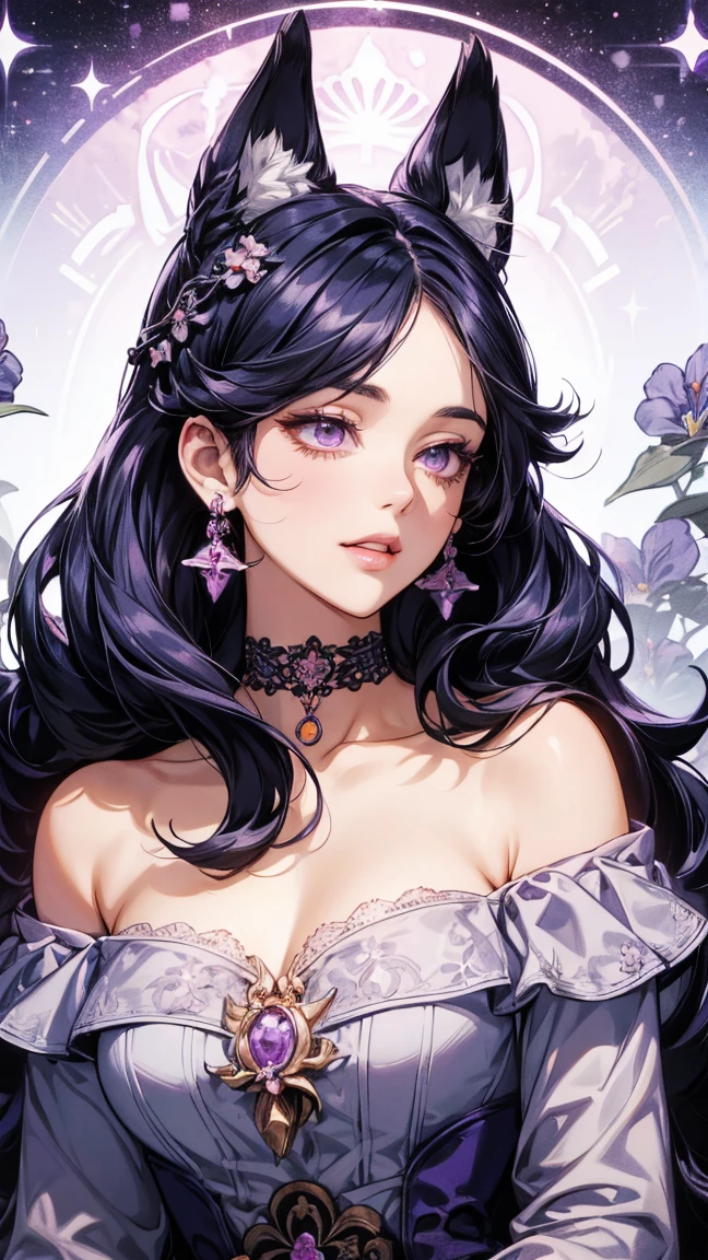 necessary, detail, Long hair, breasts, blush, smile, fringe, black hair, hair between eyes, jewelry, violet eyes, The best quality, hair flower, teeth, earrings, Plano americano, curly hair, earrings de aro, symbol-shaped pupils, make-up, Red lips, foreground, jewelry, photorealistic,