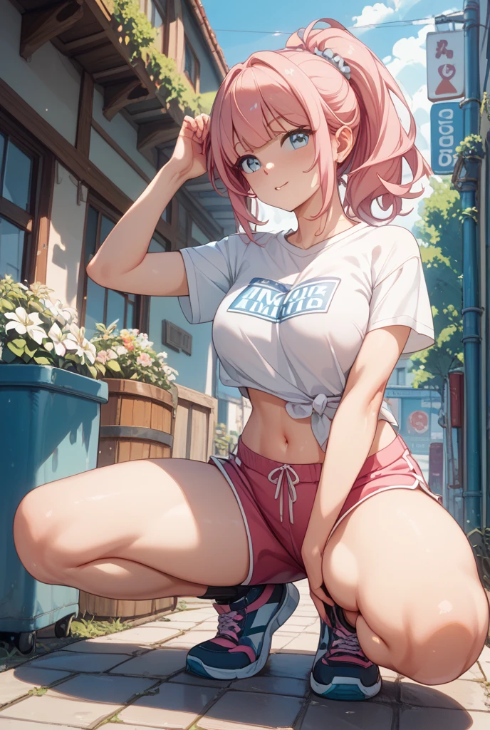 score_9,score_8_up,score_7_up, source_cartoon, girl, young, tanned skin, magenta hair, short spike hairstyle, long pointy ponytail, magenta eyes, small breasts, detailed face, detailed eyes, glistering body, shiny body, gorgeous body, ((yellow hairband with bow, black tank top, midriff, pink shorts, shoes)), full body, navel, park, clear sky, grin, 