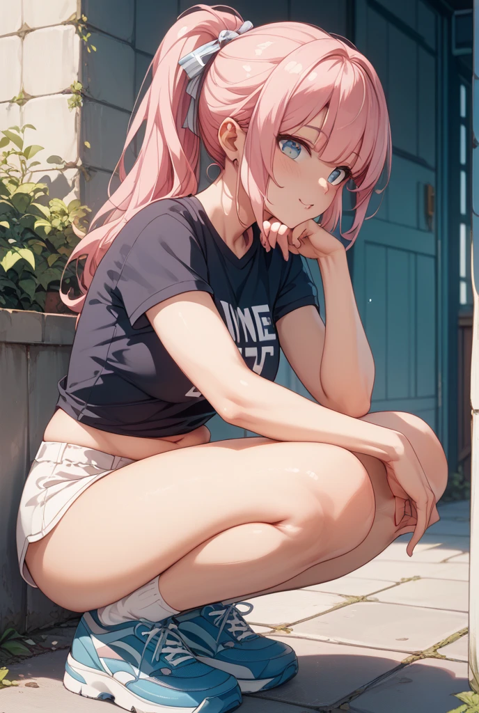 1 girl, sitting, pink panty, panty does not completely cover the sides of her vulva