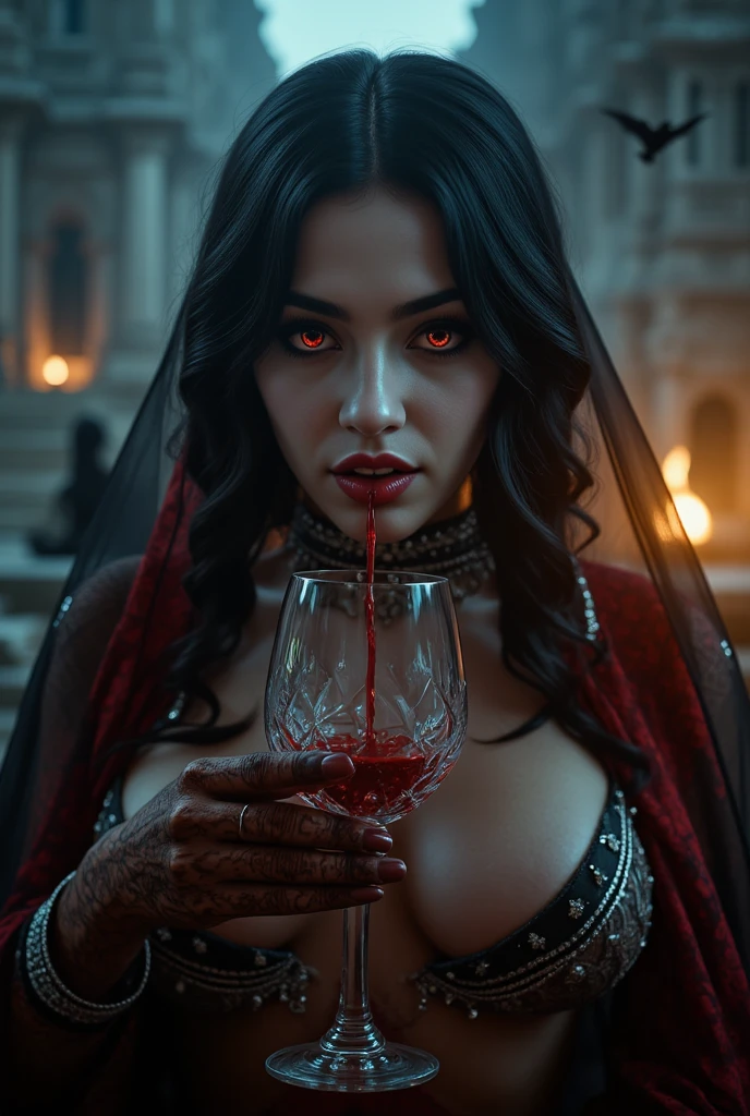 a picture of a female vampire, (Masterpiece, intense details: 1/5 ), exquisite, dreadful beautiful vampire, long black hair, intense green eyes, half-closed eyes, evil smile, fangs, busty sitting near a large pool of dark ((red blood: 1.2)) stone steps, lit by candles, falls of blood fill the pool, there is a (crystal glass of wine near the vampire: 1.4) ,(Masterpiece, intense details) wearing glamour black bathing suit, high detail, Conceptual art, Realism, cinematic lighting, moon light, reflection light, from side, panorama, Ultra-Wide Angle, Wide-Angle, award winning, best quality, high quality, high details, highres, vibrant, Ultra-high resolution, High Contrast, (masterpiece:1.5), highest quality, Best aesthetics), best details, best quality, highres, ultra wide angle, 16k, [ultra detailed], masterpiece, best quality, (extremely detailed), Blood_Covered, vampire teeth, Intense gaze