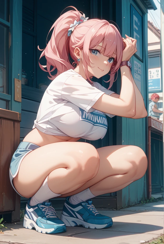 Pink hair Pink eyes、 girl、Small breasts、Hair Bun、girl、Small breasts、A cheerful smile、Looks about 15 years old、Petan Musume、He is short、gym、【prompt】

BREAK (Japanese school old style sportswear:1.3), ((soft cotton material, non-shiny material):1.3), (oversized soft cotton short sleeve white tunic with U-neck:1.4), (blue lines on tops outline:1.3), ((Slim fit, closed-fitting) (deep-blue panties shorts, soft cotton deep-blue competition micro shorts, soft cotton deep-blue bloomers):1.3), ((groin, upper thigh skin):1.3), (white socks:1.3), (sports shoes:1.2),