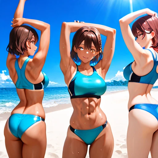 (((masterpiece, Highest quality, High resolution, 超High resolution, Perfect Pixel, Depth of written boundary, 4K, RTTX 10.0))), Beautiful Anime Woman, Beautiful art style, Anime characters, ((Smooth texture, Realistic texture, Anime CG Style)), Cinematic, Realistic, Extremely detailed CG, Daytime lighting, Perfect lighting, Best Shadow, The best natural light, ((Back view of four women wearing panties, Only the butt:1.5)), ((Sexy and cute water blue panties, Sexy and cute dark pink panties, Sexy and cute shocking pink panties, Sexy and cute light blue panties:1.3), (Shiny satin side-tie full-back panties, Panties with large lace trim around the edges:1.3), (topless:1.2)), naked, Nipples, Ass in panties, Angle from directly behind, Close-up angle of the butt, Brown Hair, (Resort Pool, blue sky, Tropical Tree, A woman in a swimsuit playing in the background:1.2)