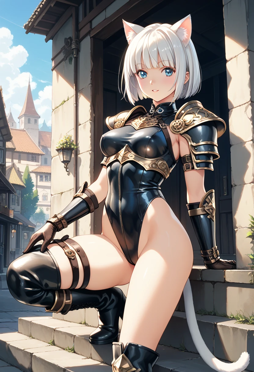 cute halfling thief woman with thick grey hair and bright blue eyes in leather armor