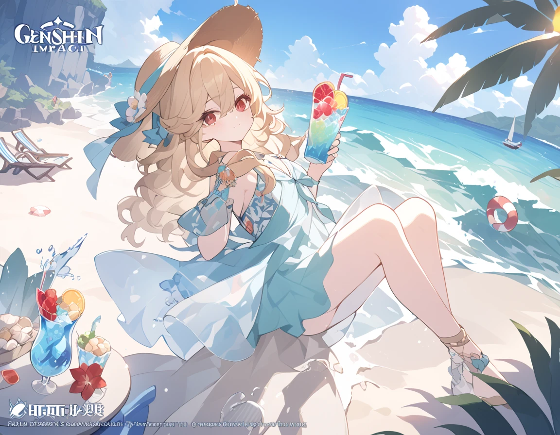 bikini, , outside, open mouth, smiling, daylight, short, small, pointy ears, blonde hair, swimsuit
