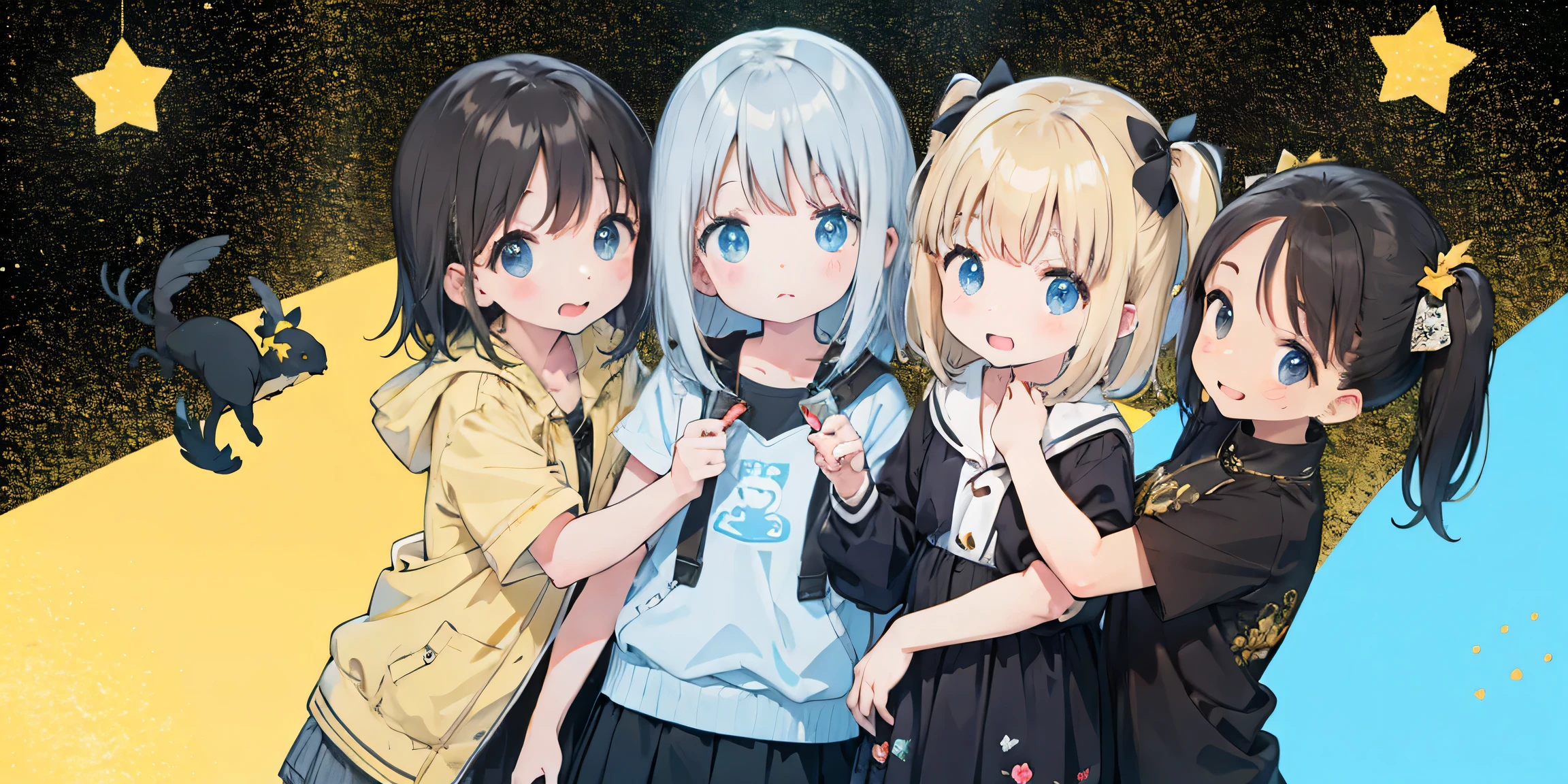  top quality ,  masterpiece,    mean smile 、8k、Ultra-fine、 black hair、 Silver Hair、 Gold、4girls、 prank、 overaction、 moving angle、 pastel background、whole body、 full of stars
