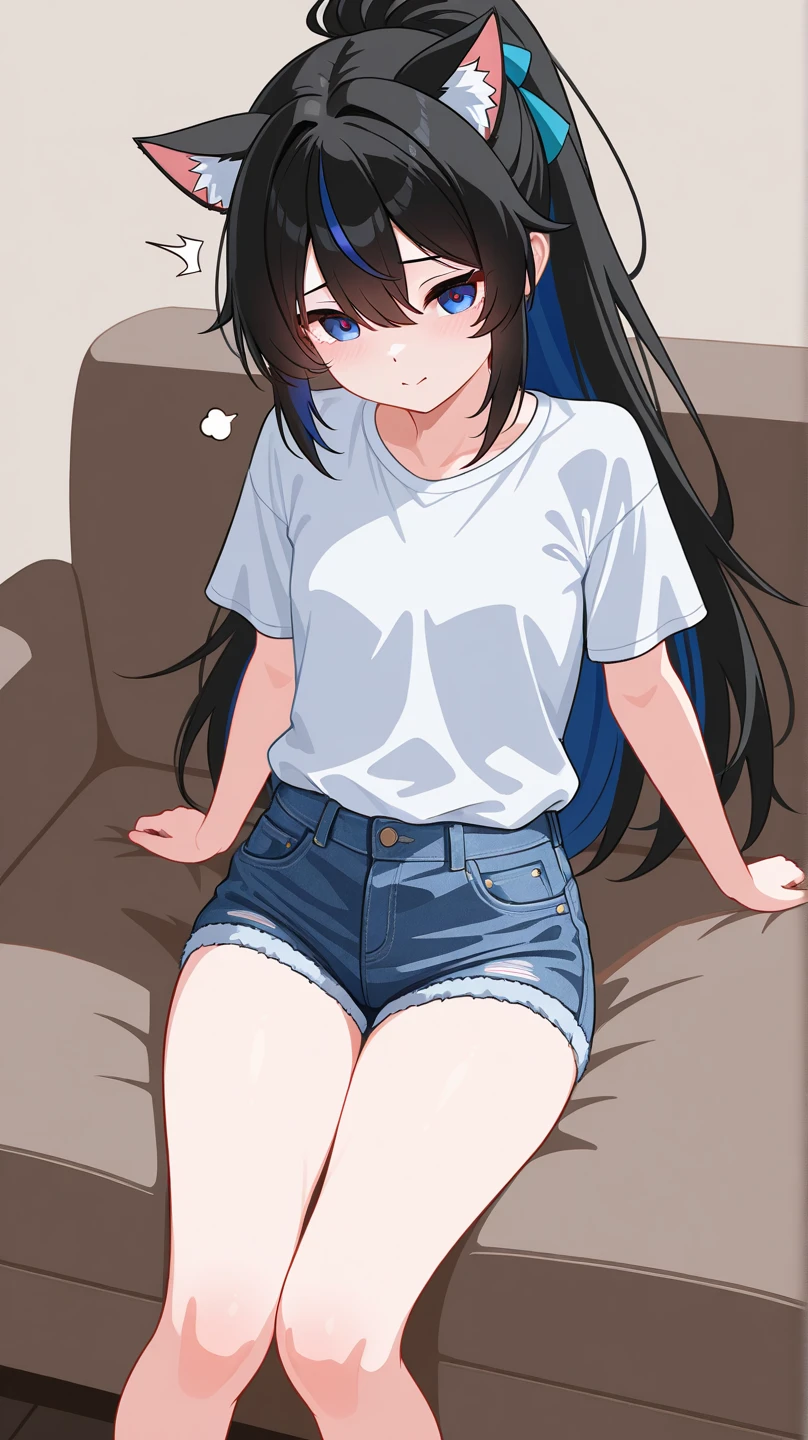 (masterpiece:1.3), (Absurd:1.3), (highest quality:1.3), The Hands of Guido Daniele, (Very detailed:1.3), (Best Shadow:0.7), (Processed Hair), One girl, alone, S1, aizawa ema, 16 years old, (medium Breasts:1.2), (pregnant:0.8), (thick thighs:0.4), (black hair:1.4), Asymmetrical bangs, Blunt bangs, blue eyes, short shorts, (blue short shorts:1.4), (white shirt:1.4), no bra, (nipple shape:1.0), (white socks:1.4), cute face, panic face, (embarrassed:1.0), in the bed room, on the bed, co-sleeping, open legs,