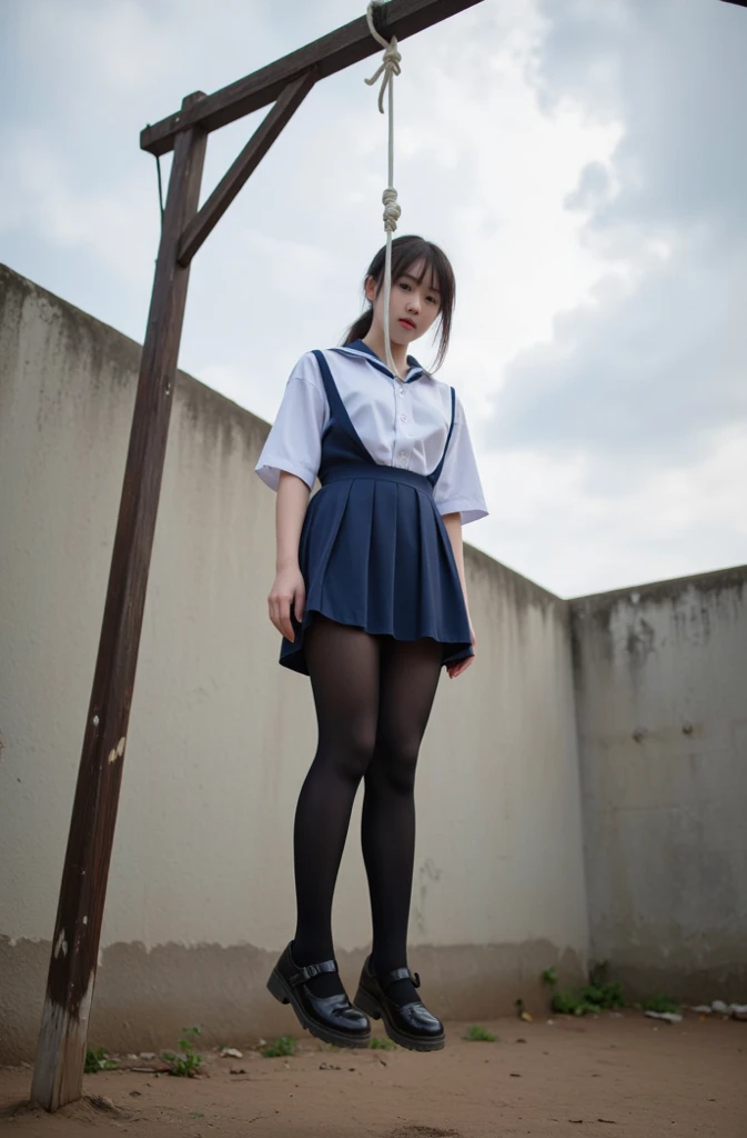 ((Sailor suit:1.4))、((handcuffs:1.3))、((Open your arms:1.3))、((bondage:1.3)), ((Spread your legs:1.3)), Head-to-toe portrait、alone、17 years old、Natural body shape、White skin、Natural Makeup、Black Hair、bangs、Straight Long Hair、Medium Chest、((underground))、teeth、Woman with open mouth and closed eyes、(Frowning:1.4)、Award-winning photo、Very detailed、Edge Orgasm、Full body photo、From below、Focus on the crotch、Thighs、Skin shiny with sweat、A face-splitting performance、