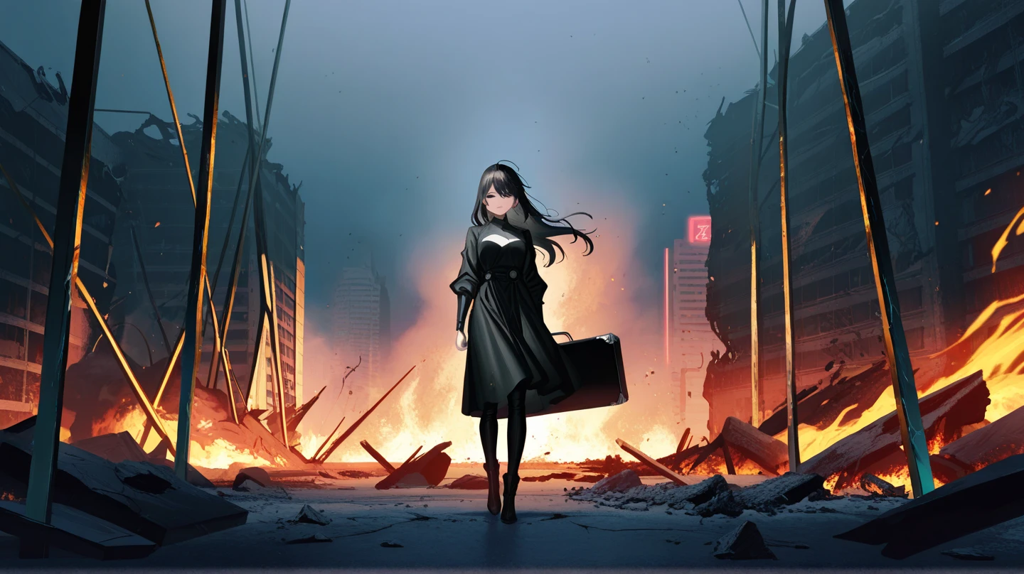 a afroHero (masterpiece, best quality), Female brunette, woman character, (((A scene unfolds as the protagonist gazes out the window, their eyes fixed on the distant cityscape. A mixture of curiosity and concern washes over their face as they witness a massive explosion lighting up the horizon. The city trembles in the wake of the blast, shrouded in smoke and chaos. Standing with their back to us, the character's silhouette frames the ominous scene, adding a sense of anticipation and mystery to the moment))), (comic style artwork with perfect anatomy), perfect body, transparent wet ultrathin white dress shirt unbuttoned, black knee high tights, (black short miniskirt), highly detailed--no outline