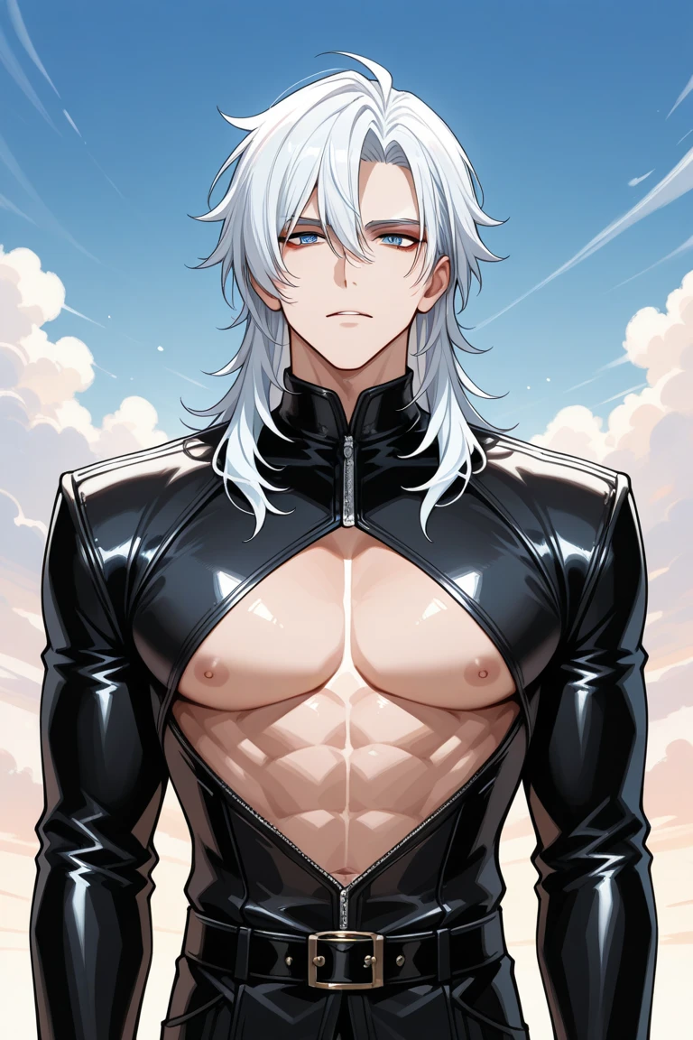 1 man with long white hair, silver hair, messy bangs, Sunkissed tan skin, purple magenta eyes, handsome, gloves, earrings, veins on arms and hands, sweaty skin, tight leather outfit, turtleneck, leather pants, white happy trail, big pectorals, abs, plump ass, narrow waist, Cinematic lighting, hyper HD, close up, Masterpiece, High details, (badass dynamic pose))