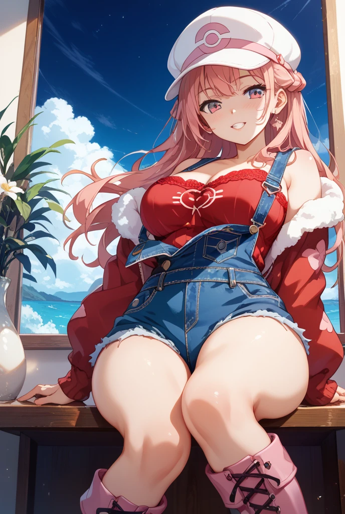 1girl, , long curly pink hair, red headband, perfect eyes, blue eyes, glasses, relaxed face, red necklace, hippie clothing, white blouse with strawberry print, red jacket, long blue skirt, red sandals, glass of strawberry juice in hand, big breasts, big ass, beach background