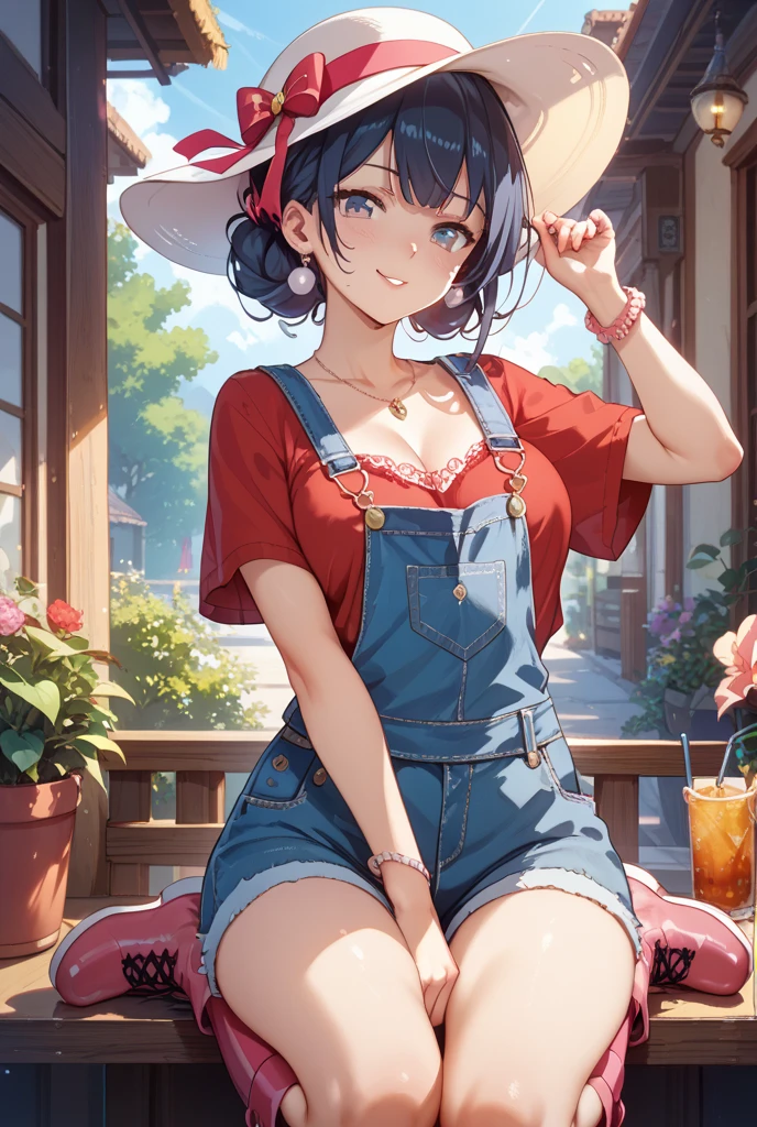 (masterpiece, best quality),female golden age, fit, indigenous peoples of the america, chestnut eyes, asymmetrical forehead, delicate nails, , grey textured haircut hair, regret wearing summer overalls, crotchless lingerie set, loafers, , teasing look, gazing with a playful and teasing expression, igniting curiosity and attraction, evening party lighting, a mix of warm and colorful lights, perfect for lively and romantic party scenes, a peaceful garden, with blooming flowers and butterflies fluttering around, (masterpiece, best quality), 1girl, red hair, medium chest, gothic frill dress, pervert face, <lora:add_detail:1>