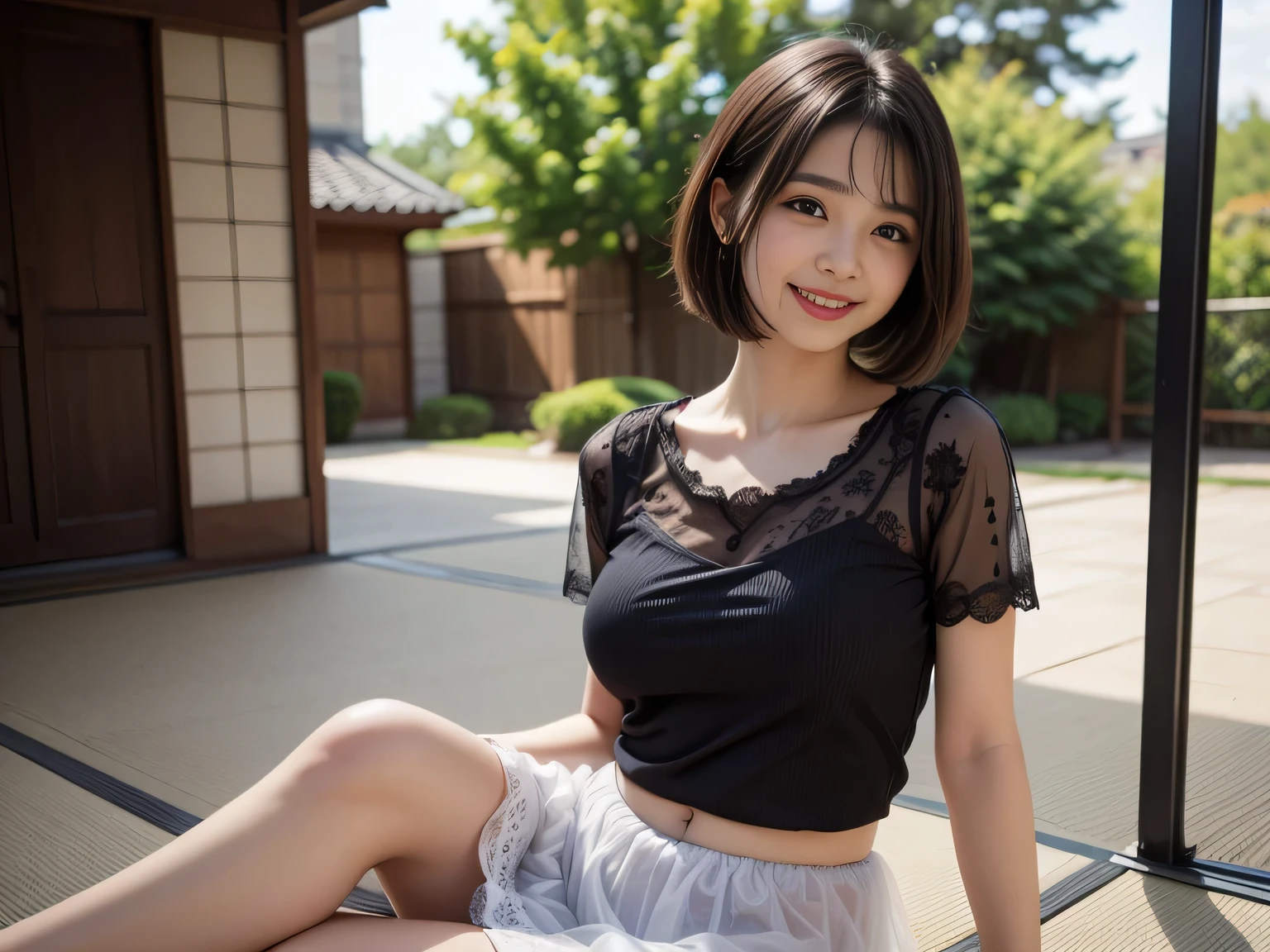 the Extremely Detailed CG Unity 8K Wallpapers、top-quality、ultra-detailliert、​masterpiece、realisitic、Photo Real、extremely detailed cute girl、20yr old、(skirt rift)、(skirt lift by yourself))、white  panties、panties focus、red blush、cparted lips、looking at the viewers、Half body shot、Wearing an off-the-shoulder shirt、(Large crowds)、(Crowded parks)、shorth hair,Sweet smile