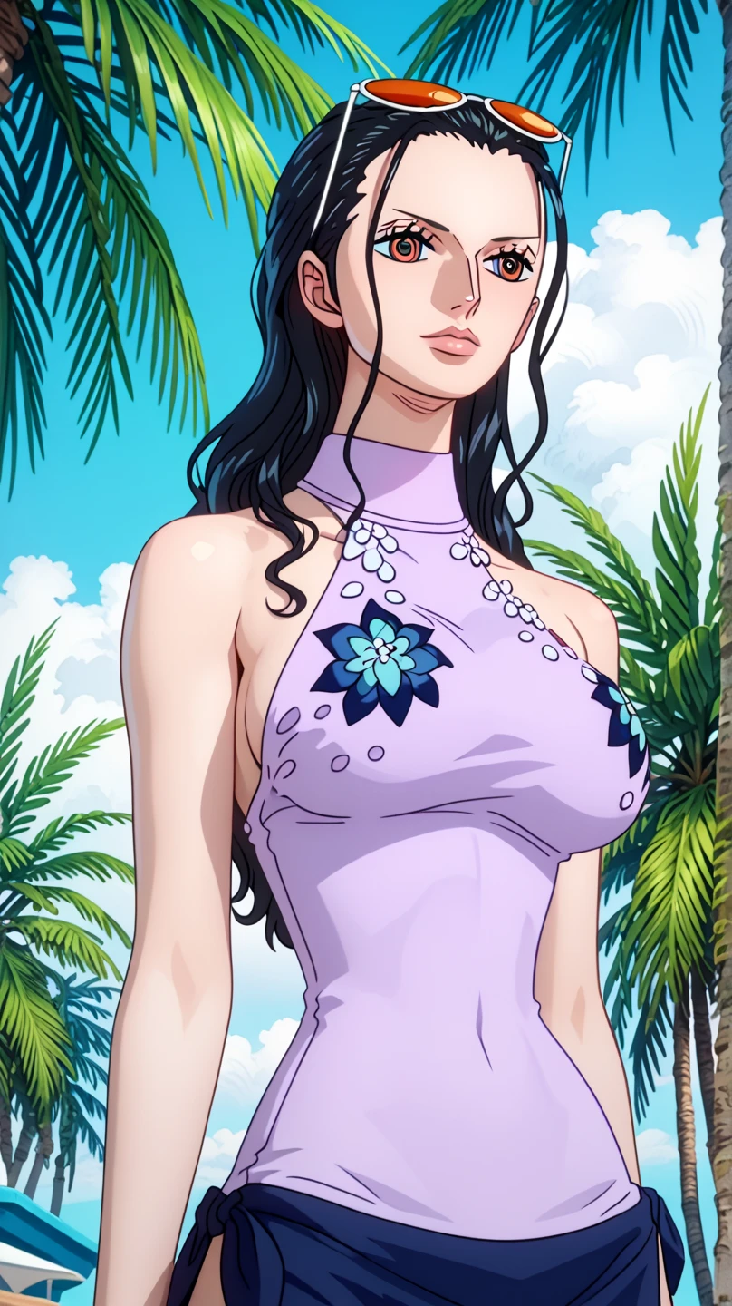 (masterpiece, best quality), intricate details, solo, standing, (straight-on, looking at viewer), smirk, <lora:Paulina-08:1>, fwpaulina, black short sleeveless dress, plunging neckline, belt, sunglasses, bracelet, outdoors, wind lift, sunny, clear sky, upper body