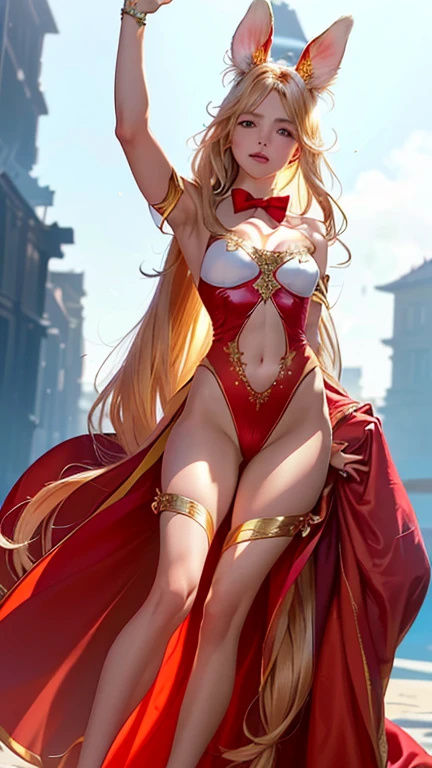 Giant Girl 50,000 feet high，Have a pair of long legs，Have a pair of huge breasts，Wearing a red bikini，Waist-length blonde hair，Loose hair，Wear a pair of Mary Janes，Blonde curly hair，Full of enjoyment，Standing tall in a crowded city, Vandalism，It seems to be an invincible existence,Beautiful appearance，Exquisite makeup，quality，8K，高quality，(Governor:1.5)，Perfect proportion, theater lighting，Film Grain，Fuji Colors，8K，Textured Skin，Super Detail，High Detail，high quality，high resolution，thunderclap，Fake laugh，Morning，Perfect body