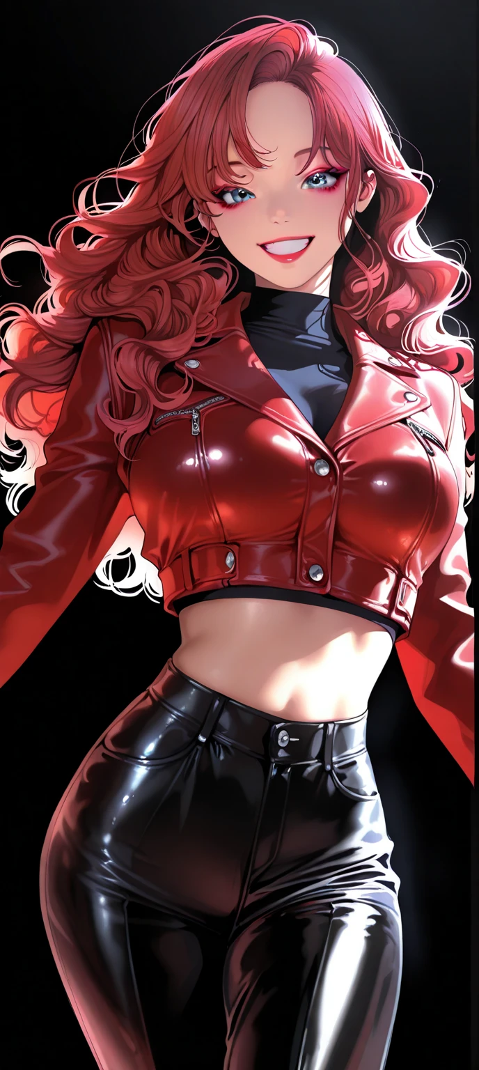 freckled fair skinned girl, intensely red hair, leather jacket, mini skirt, full body shot, open jacket, nipple rings