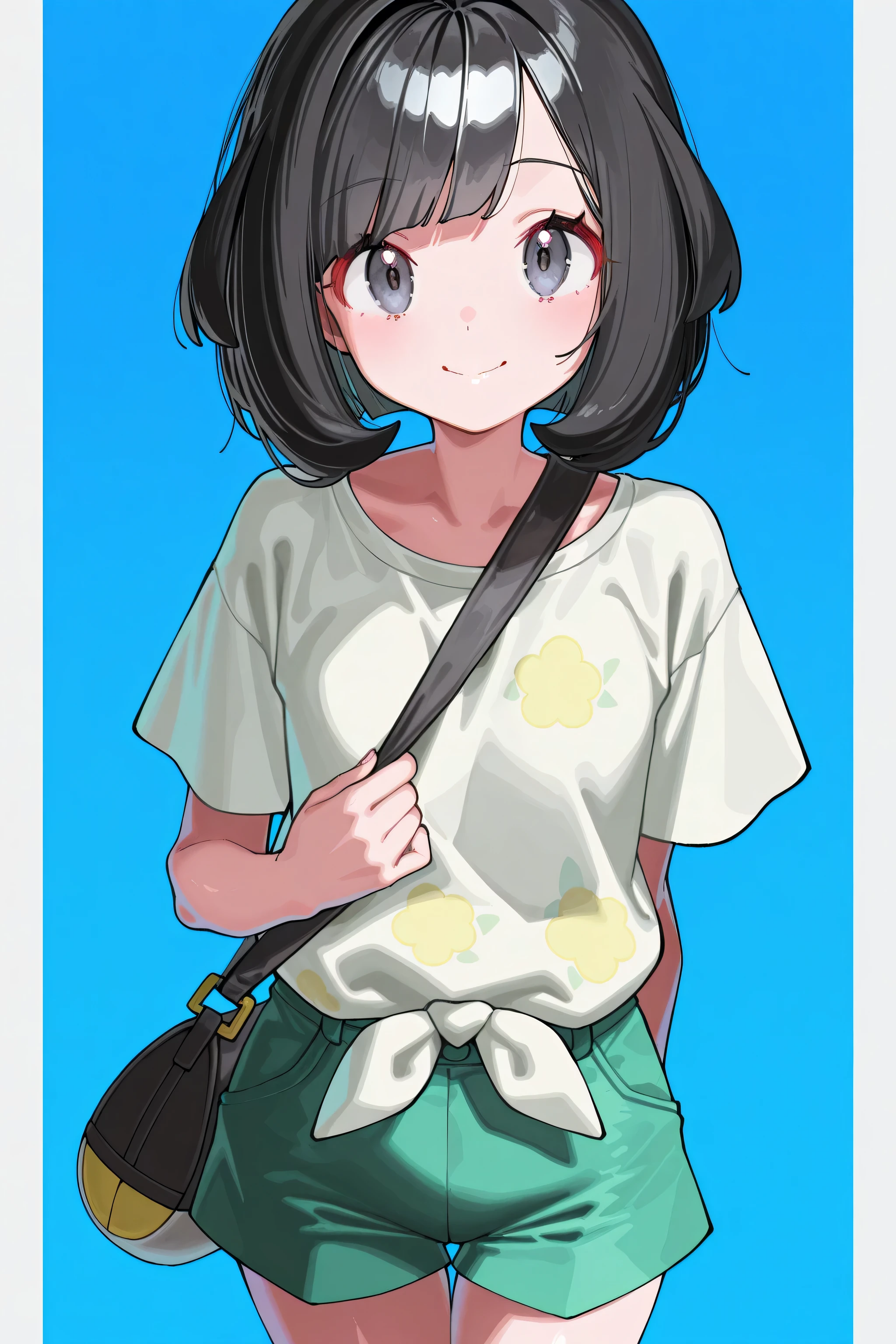 kmj-anonstyle, [artist:yoneyama mai], [artist:kanzarin], [artist: ekrea_jan], masterpiece,best quality,amazing quality, 748cmstyle, solo, eye focus, pokemon, pokemon sm, anime style, selene (pokemon), 1girl, bag, black bag, black hair, blue background, gradient background, green shorts, looking at viewer, loose hair strand, medium hair, outside border, pillarboxed, shirt, shorts, shoulder bag, smile, solo, white shirt