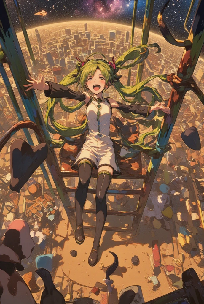 In the midst of a bustling construction site, the Giantess Goddess with iron gray skin and emerald green eyes strides among the cranes and scaffolding. Her hair, a cascade of green flames, ignites the surrounding materials. Normal-sized workers scatter, but many are too slow, finding themselves trampled underfoot. She gathers up the survivors, pressing them against her iron curves, their struggles fueling her pleasure.