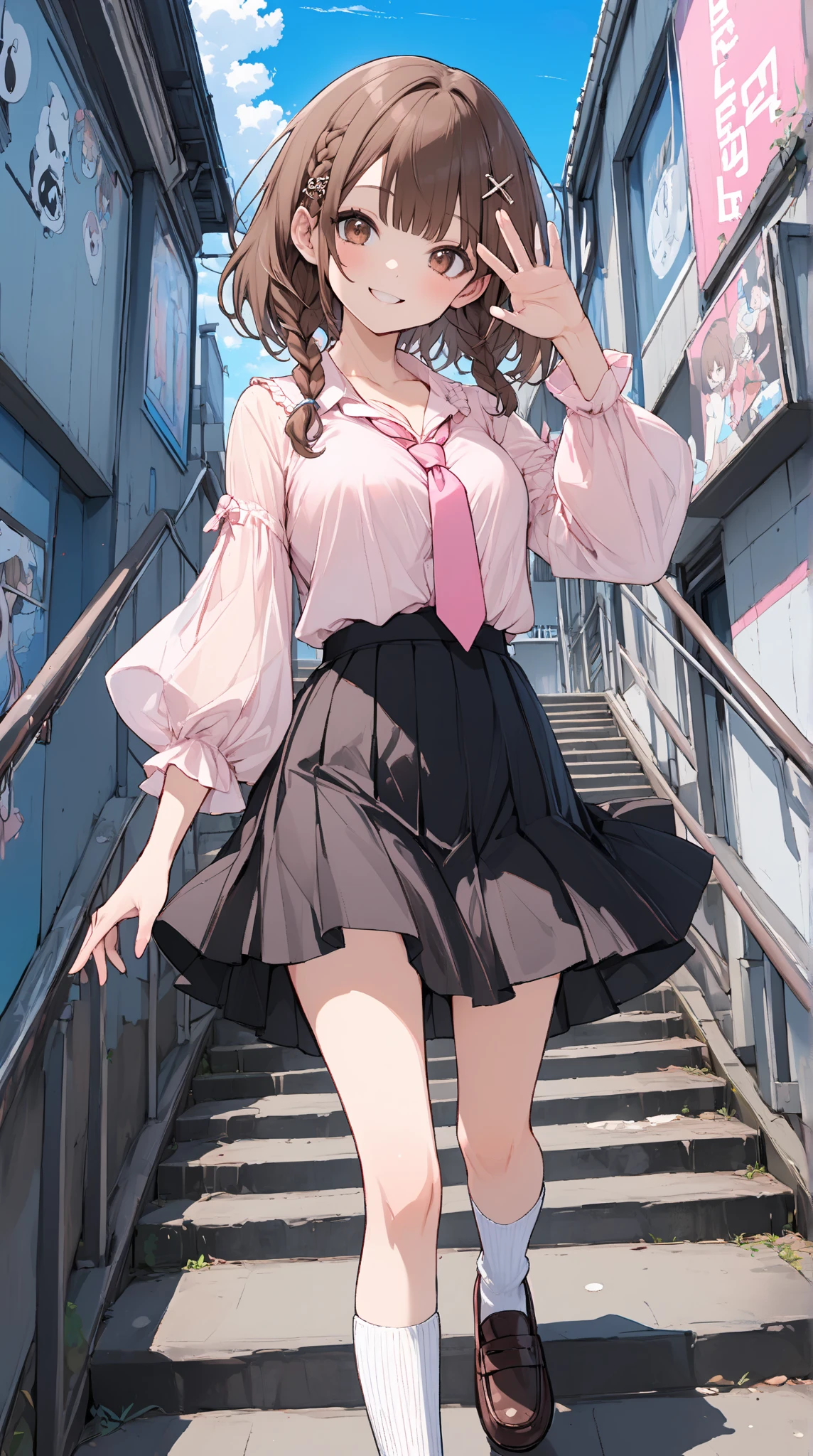 ((masterpiece,best quality)), absurdres, gloria \(pokemon\), brown hair, solo, backpack, brown eyes, tam o' shanter, grey cardigan, pink dress, short hair, green socks, socks, brown bag, bob cut, bangs, long sleeves, collared dress, solo, smiling, looking at viewer, cowboy shot, cinematic composition, contrapposto,
