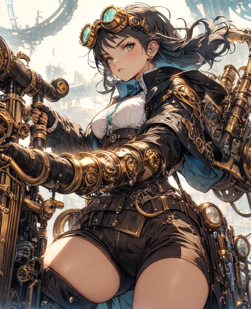 ((masterpiece, highest quality, Best image quality, High resolution)), ((Highly detailed CG synthesis 8k wallpaper)), steampunk、beautiful girl,White tights、Subject showing his/her backside、 dream-like, Turn around and smile,