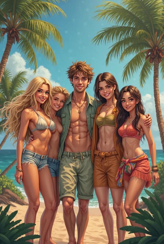 One illustration of sexy Young Family, sun-kissed skin, glossy beach waves hair, high-quality artwork, vibrant colors, tropical nude beach setting, detailed facial features, seaside, detailed eyes, professional, warm lighting, sexy, full naked, Males with penis