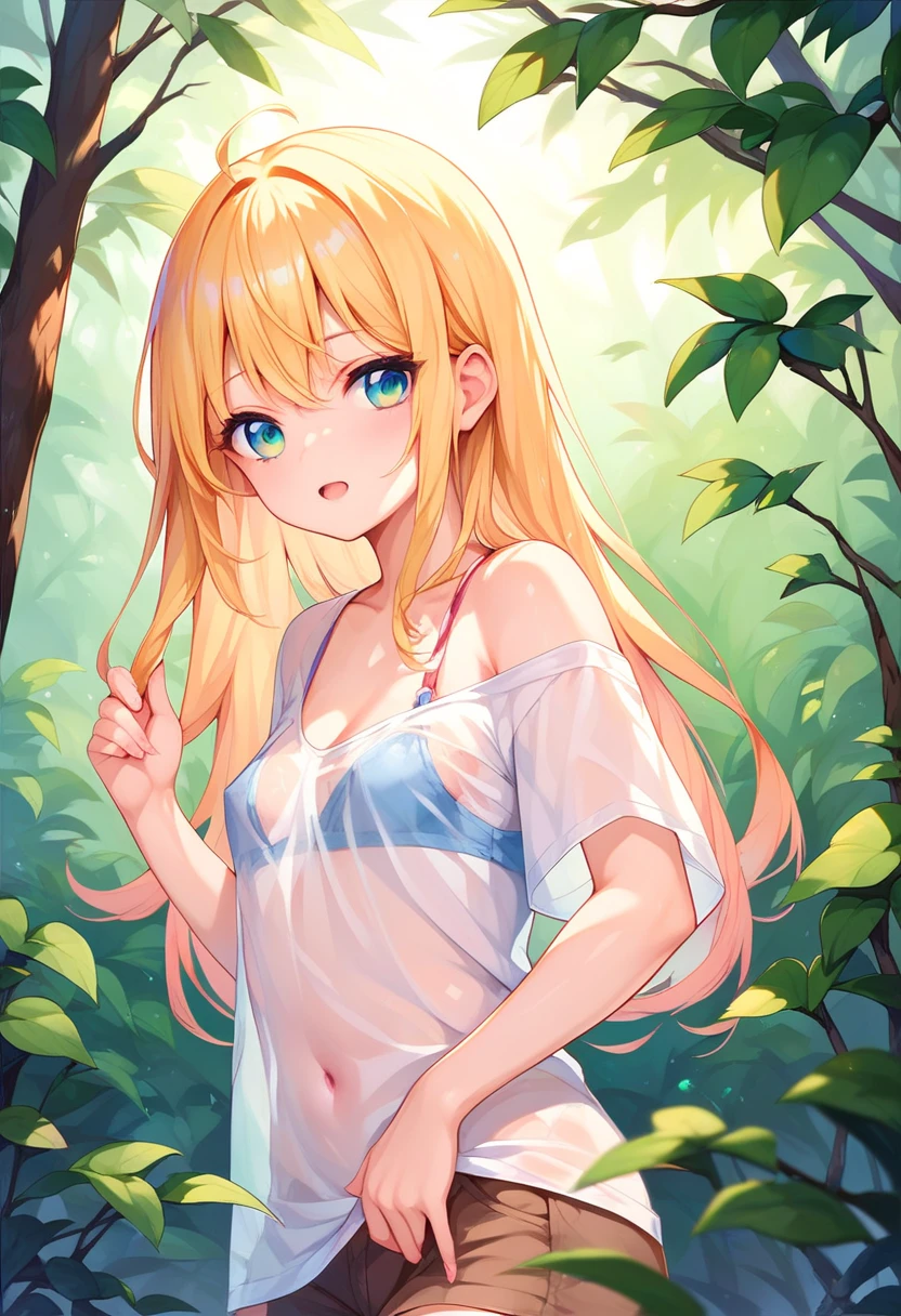 ((8k, Highest quality, masterpiece: 1.3)),Ultra-high resolution,(1 girl, alone), (Color changing eyes, Ultra-detailed, Expressive brilliance, Glitter, Glowing Eyes), Highly detailed eyes, Highly detailed face, Random Hair, ((pastel colour)),A vibrant young woman with long, straight pastel yellow hair that falls over her shoulders like rays of sunshine. She is standing in a tropical garden, surrounded by lush greenery and colorful flowers. She wears a bright turquoise bikini with a sporty racerback top and matching cheeky-cut bottoms, perfect for an active day in the sun. The camera angle is close-up, capturing her from the front as she leans slightly forward, her hands resting on her hips, and a playful grin on her face. The midday sun filters through the leaves, casting dappled shadows on her skin, and the vibrant colors of the flowers contrast beautifully with her pastel hair,(nsfw)