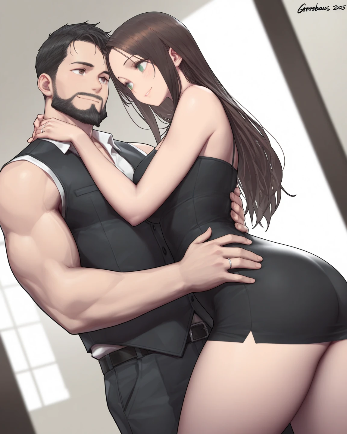 The man in his 45s with black very short hair and smooth face with moustache. The woman in her 45s with brown wavy long hair. The man is wearing an unbottoned white shirt and black suit. The woman is wearing a green dress. In the bar bathroom that is dark color. The woman is leaning at the counter. Doggy sex. The woman is moaning. Orgasm. Passion. Erotic. Night. Dim environment. Realistic. Ultra realistic.