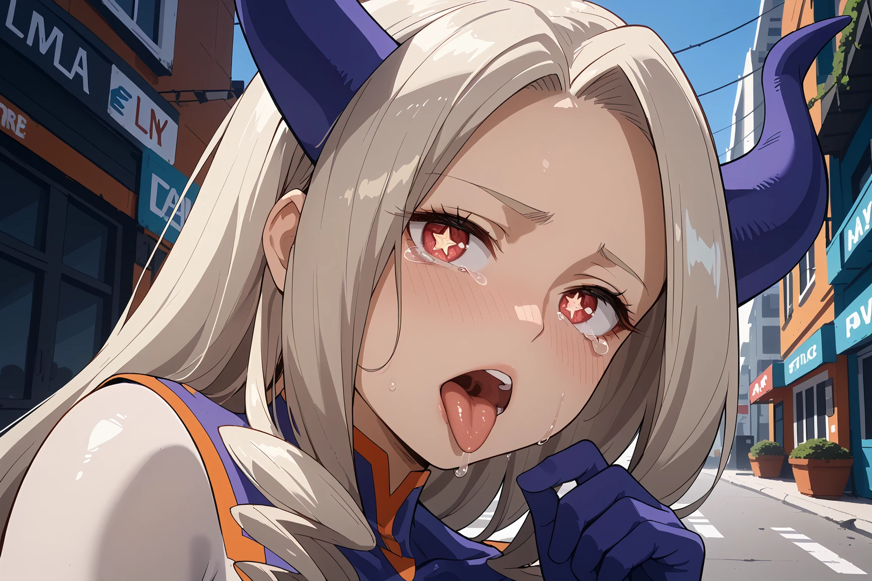 ultra detallado, soft illuminaotion, anime, (1girl), Mtladymha, boku no hero academia, Cabello largo, cabello rubio, Purple Horns, domino mask, bodysuit, pechos grandes, ojos morados, Noche, cara, boca abierta, uvula, boca, lengua, lengua fuera