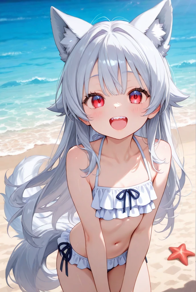 1girl, kokona, indoors, orange eyes, white hair, :3 mouth, embarrassed, beautiful eyes, beautiful lips, shiny lips, extremely detailed eyes and face, long eyelashes, close-up, warm lighting, vibrant colors, looking at the viewer, embarrassed look, blush, in a bikini, on the beach