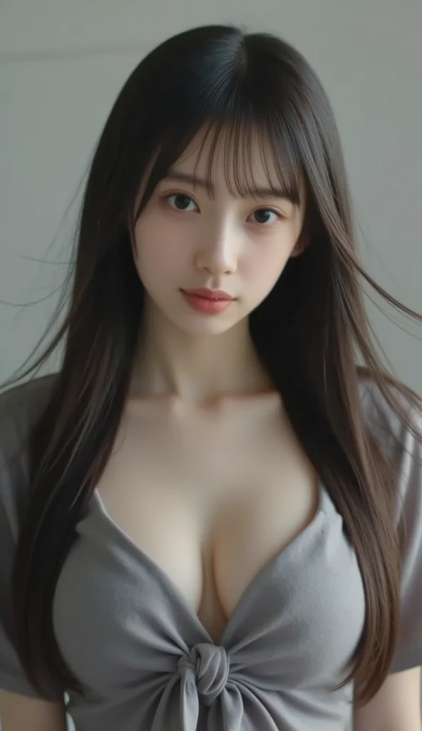 masterpiece, highest quality, 8k, 20th Generation, Large Breasts, cute, alone, sad, cute, Girlish, Delicate girl, Pure beauty, RAW Photos, Professional photography, Portraiture, Soft Light, Professional Lighting, Backlight, Upper Body, avert your eyes, Sophisticated, Film Grain, (Eyes and facial details:1.0), Short floating hair, Beautiful, flowing hair, bangs, White T-shirt and pastel cardigan、(Large Breasts:1.0)、You can see a little cleavage
