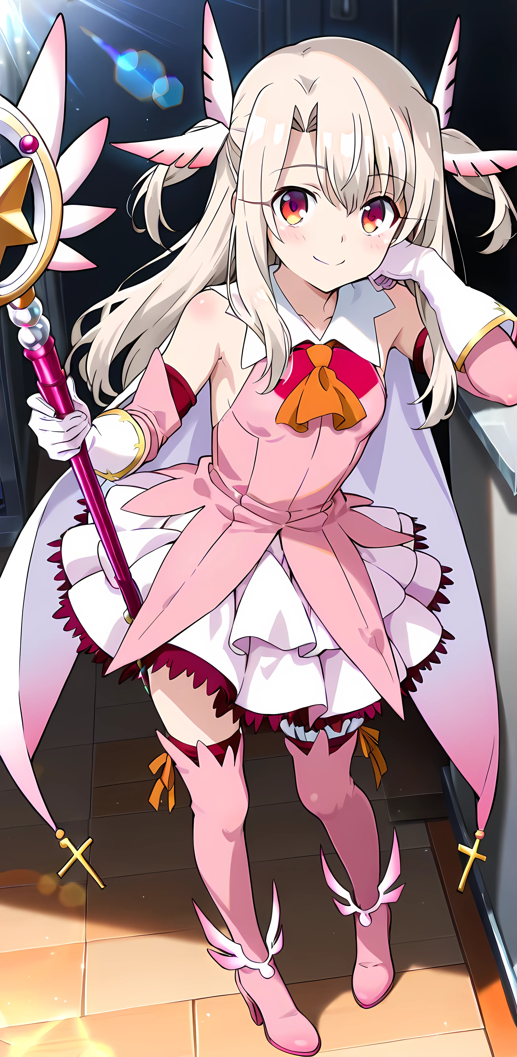 masterpiece,high resolution,best quality,8k，((best quality)), (masterpiece)), (details: 1.4), high resolution, (masterpiece: 1.4), 超details、Illyasviel von Einzbern, プリズマ☆イリヤ、cute smile、ribbon, Magical Girl, white and pink sleeveless dress, Pink arm rest gloves, transparent ear covers, pink thigh high heel boots,white cape、lens flare,looking at viewer, holding, standing, full body, staff, holding staff、I love the viewers