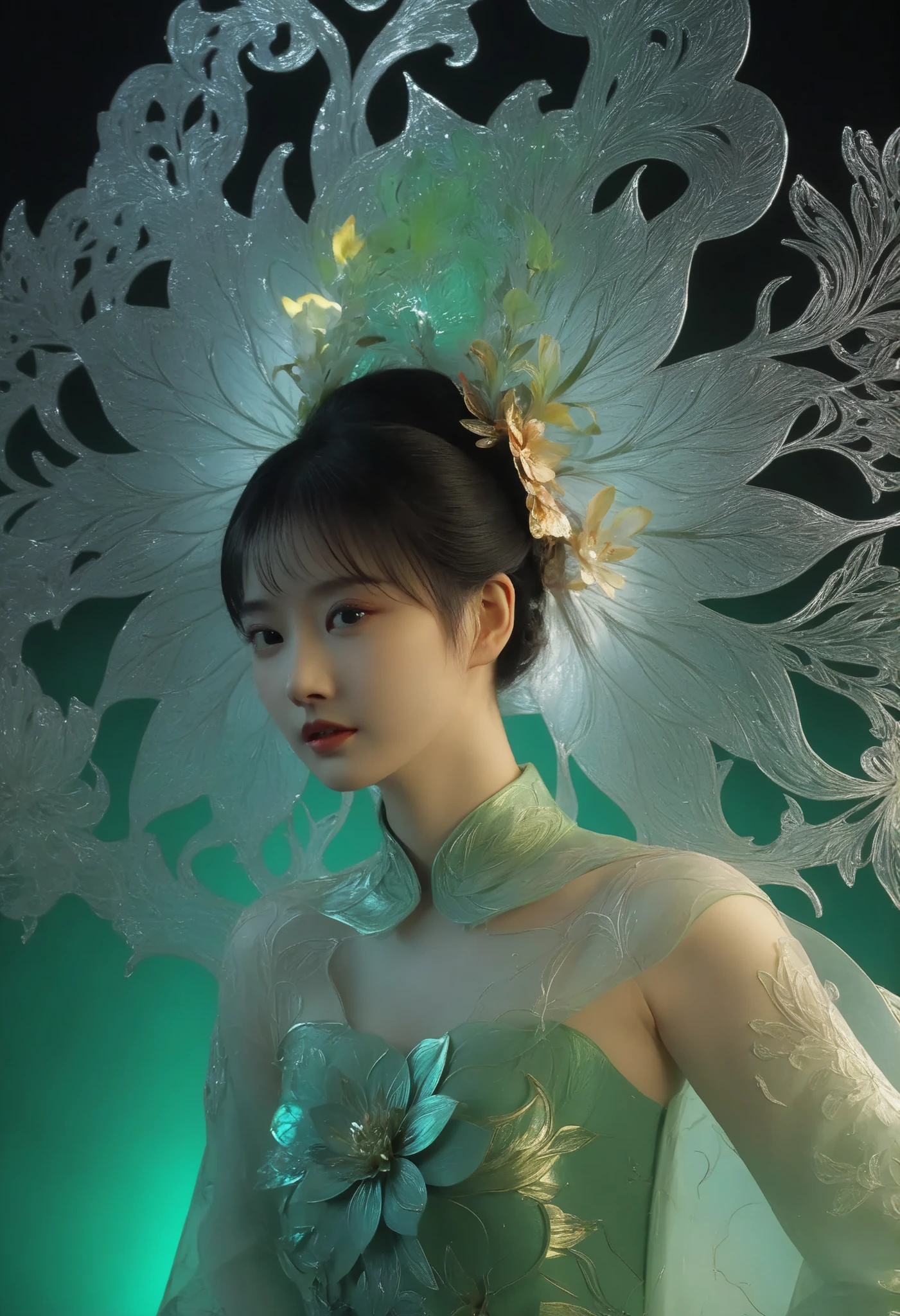 (1 girl:1.3),（lotus）, (whole body:1.2)，そして巨大な胸は超のシーンに映画のような雰囲気を加えます,hell_lady，  correct，fantasy，anatomically correct，  BREAK Sun exposure, reverberation, Experimental photography, surreal contrast, Eye-catching visuals, Artistic abstraction, Break the art of cutting, layered silhouette, complex patterns, exquisite craftsmanship, shadow play, Depth and size, creative expression, break art, Frozen sculpture, translucent forms, short-lived beauty, Crystal structure, exquisite craftsmanship, impressive, break green eye,body glow，Glowing lines，fluorescence,glow example，Example tracking，flash，Fluorescent particles，Backlight，Translucent，light particles，Motion blurred，movie lighting effects，fractal background, /I 一些牡丹花排列在红色背景上，菲尔科赫风格，水滴，浪漫场景，颗粒状，重复