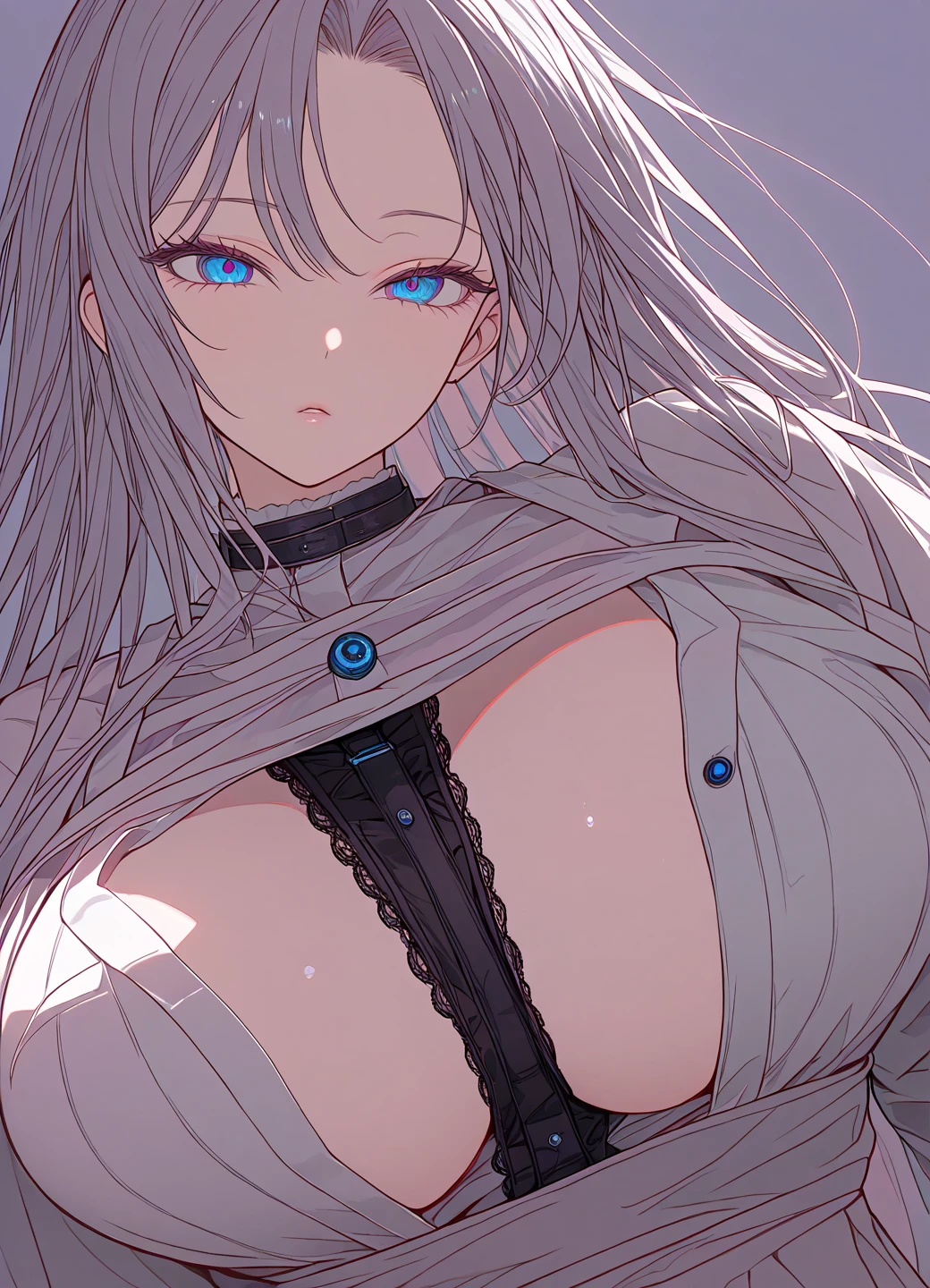 Photograph of the upper body of a beautiful woman, , breasts big, perfectbody), sharp focus, (Plump body, mature woman), ((looking straight ahead)), (highly detailed skin, hair follicles:1.4,) (long hairstyle , White hair, grey-eyed) , (that's why:1.47),(black leather skirts),(fur jacket),chain , cross necklace , cross chain, city scenery , punk , night light , high qualiy ,cold expression, a leather gloves , biker style , great , street clothes , leve sexy, handsome older woman (((Long blue hair))) (((Ponytail))