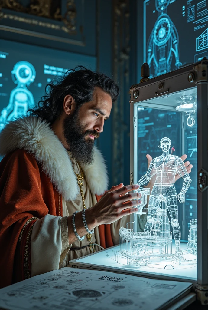 "Leonardo da Vinci working on a futuristic 3D printer, creating a detailed mechanical model. He is in a high-tech lab with glowing holograms and digital blueprints, wearing Renaissance clothing, looking fascinated and curious, realistic style."