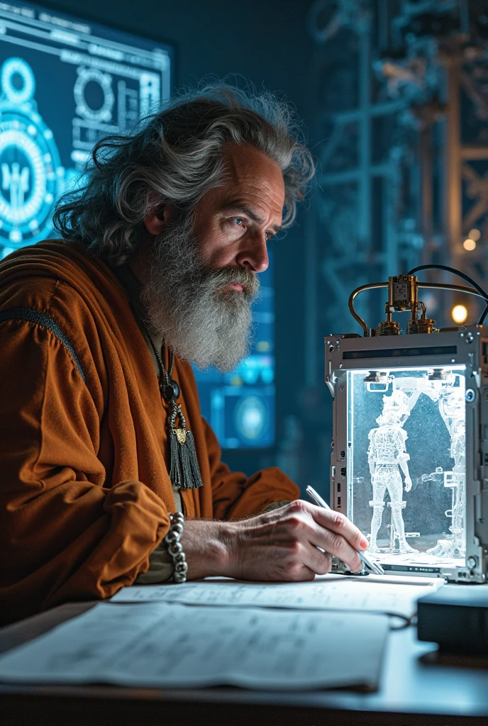 "Leonardo da Vinci working on a futuristic 3D printer, creating a detailed mechanical model. He is in a high-tech lab with glowing holograms and digital blueprints, wearing Renaissance clothing, looking fascinated and curious, realistic style."