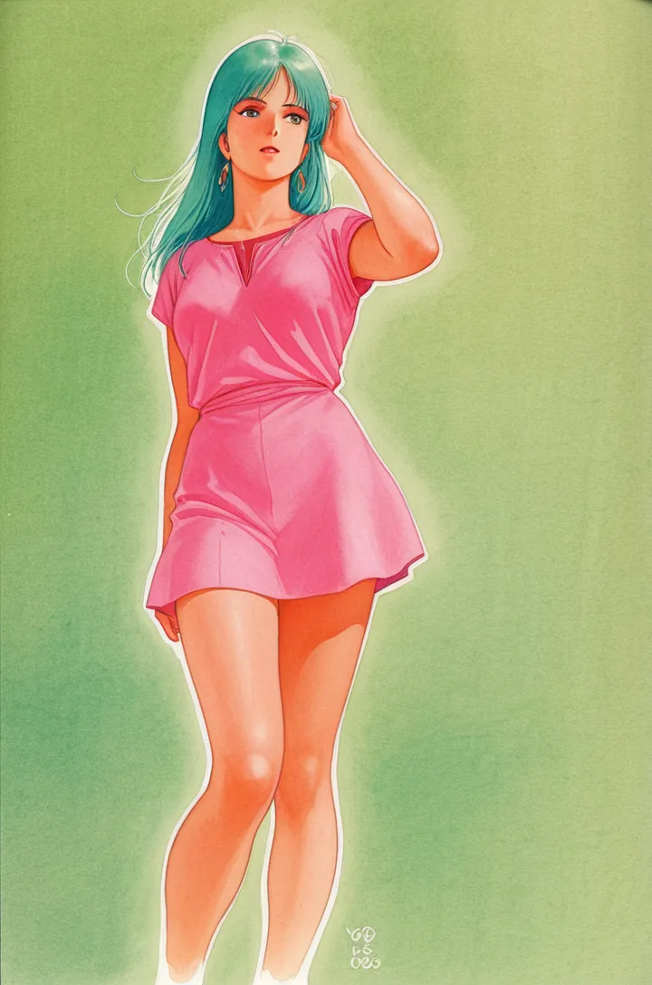 Personagem feminino 8k, sensual, olhos verdes, blusa rosa, saia preta, beautiful feet, salto alto rosa