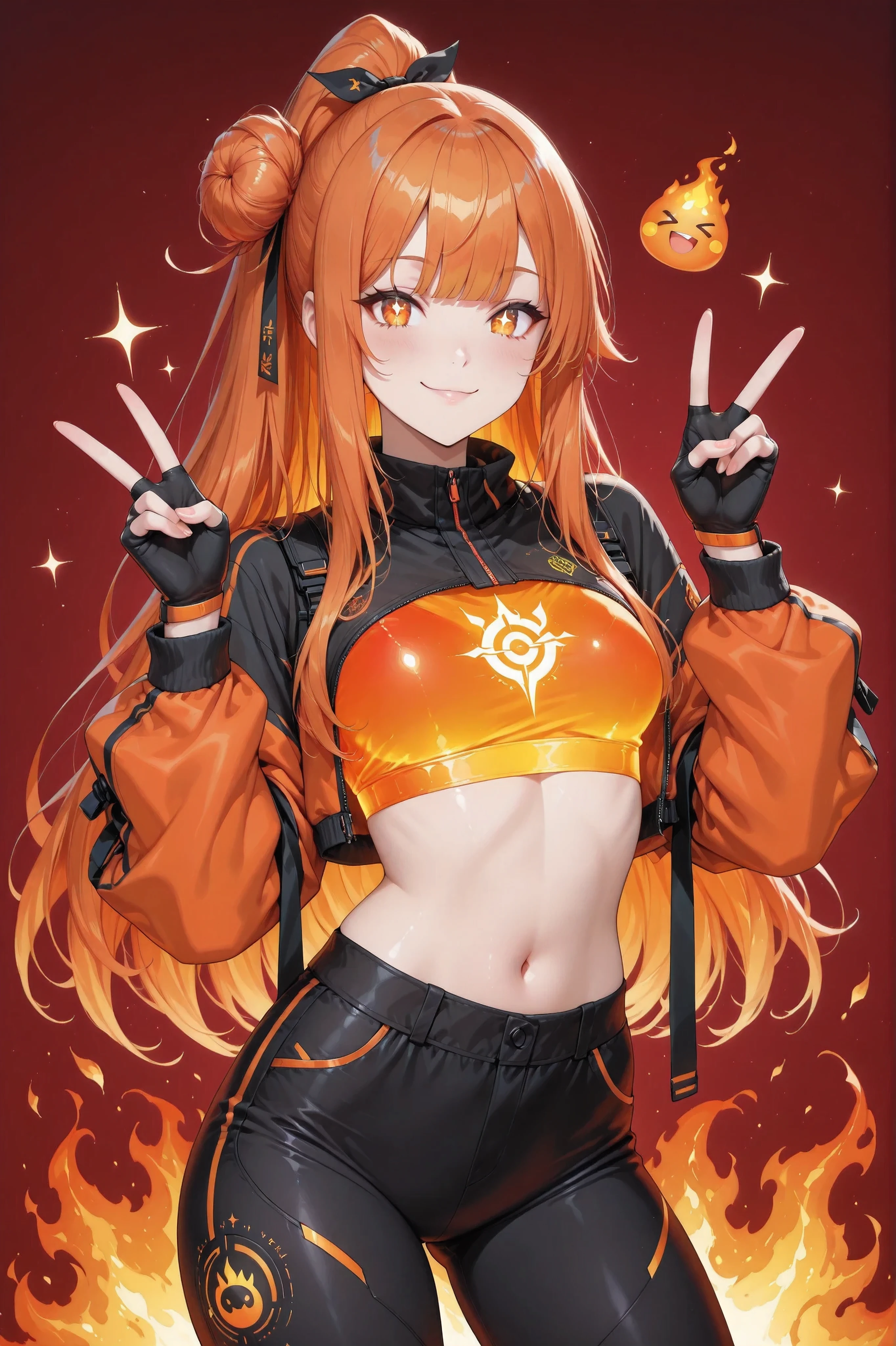 ((masterpiece, best quality, anime style, ultra-detailed)), (1girl, solo, human), (young female, age 17–19, energetic build, sparkling amber-orange eyes:1.4, bright playful smile, cheerful glowing expression, warm fair skin), (vivid orange hair:1.6, tied up in a high ponytail or playful streamer-style side bun, slightly messy or styled with ribbon/clips), (modern streamer streetwear:1.5, red-orange jacket with fire patterns, glowing crop top with emote-style logo, fingerless gloves, sporty shorts or fitted tech pants), (half-body front view, expressive pose with one hand raised or doing a peace sign, face brightly lit and clearly visible), (background: futuristic streamer room or holo-stage, fire-themed emojis or hearts floating, digital overlays in warm tones), (color palette: fiery orange, red, warm gold, pink neon), (vibe: lovable chaos, hyper-charismatic, streamer idol who lights up the screen)
